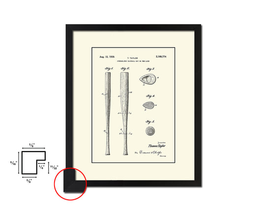 Baseball Bat Sports Vintage Patent Artwork Black Frame Print Wall Art Decor Gifts