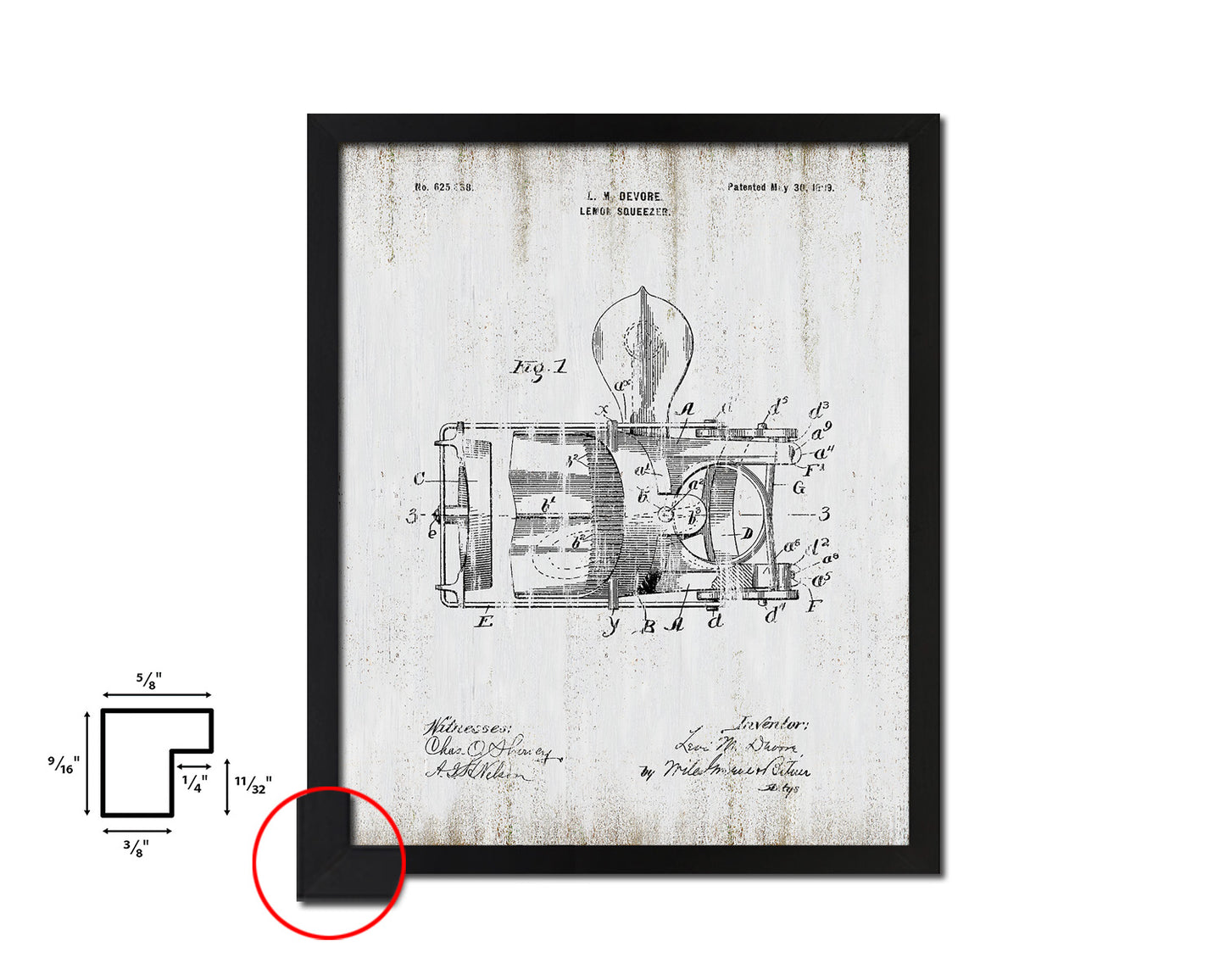 Lemon Squeezer Kitchen Vintage Patent Artwork Black Frame Print Wall Art Decor Gifts