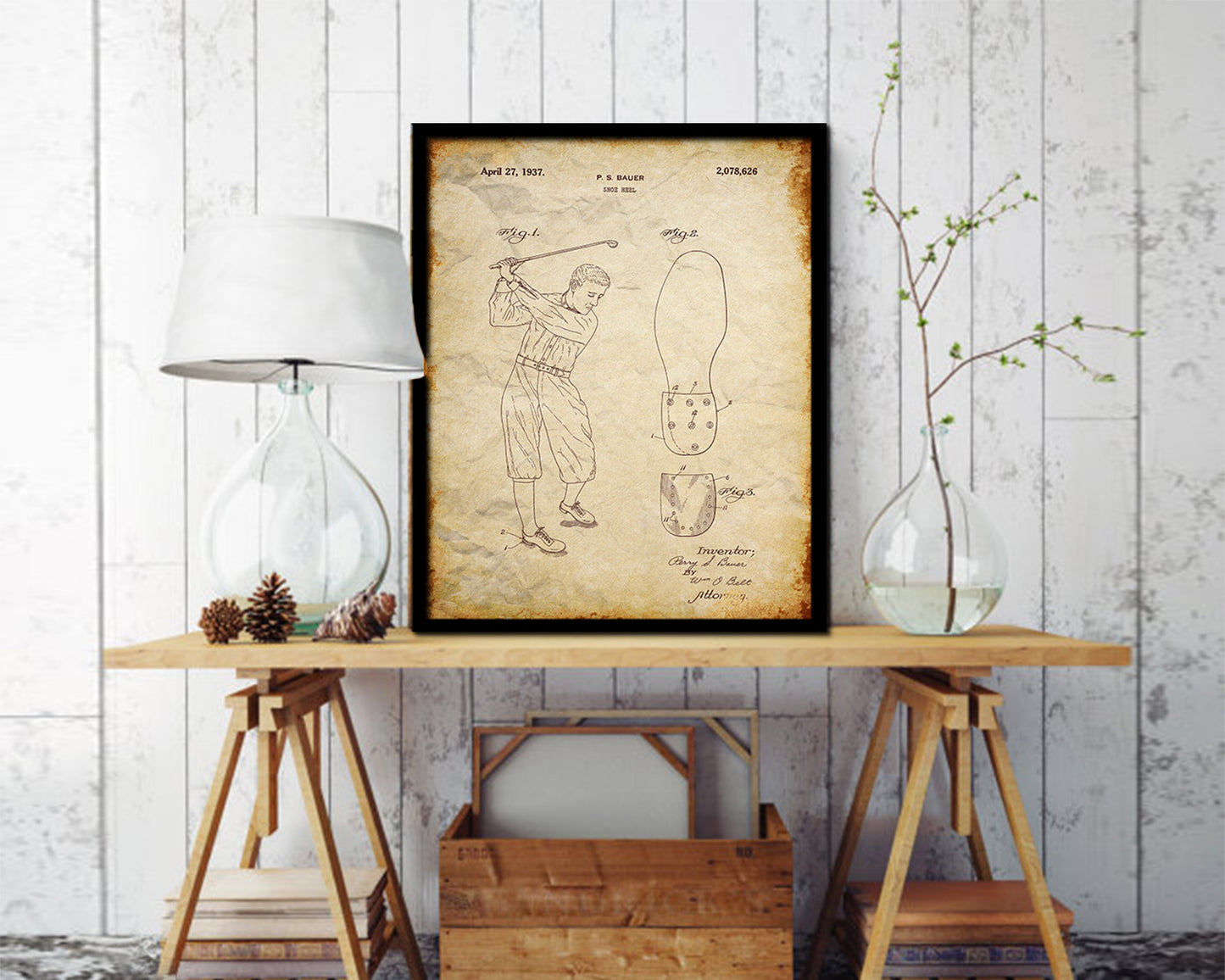 Golf Shoe Heel Sports Vintage Patent Artwork Walnut Frame Gifts