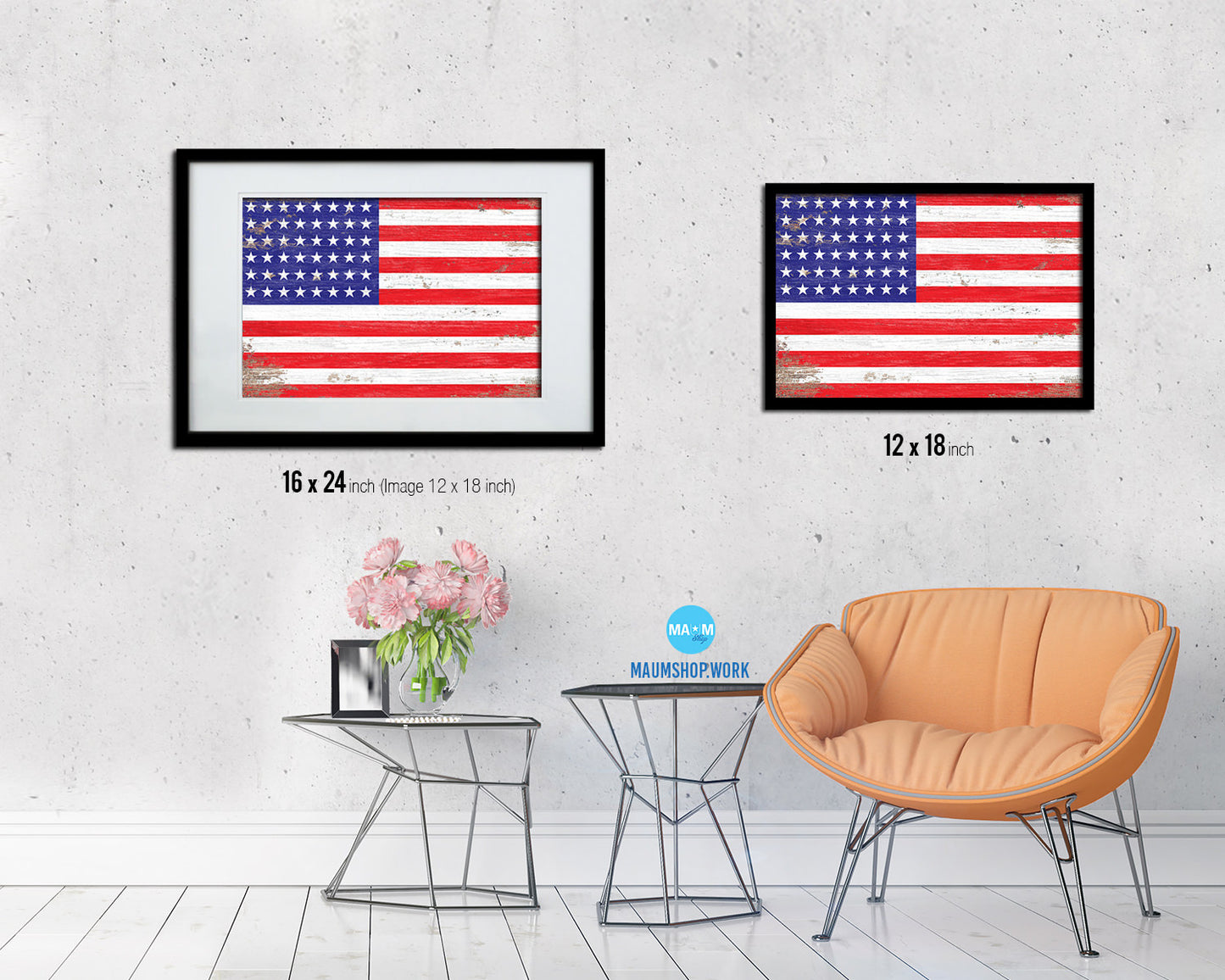 48 Stars Shabby Chic Military Flag Framed Print Decor Wall Art Gifts