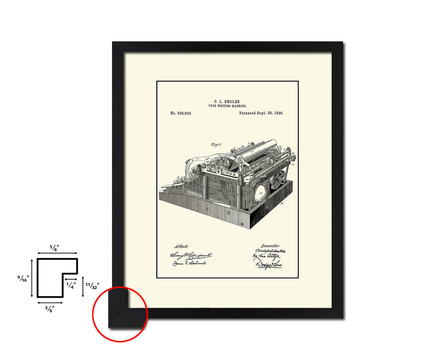 Type Writing Machine Tools Vintage Patent Artwork Black Frame Print Gifts