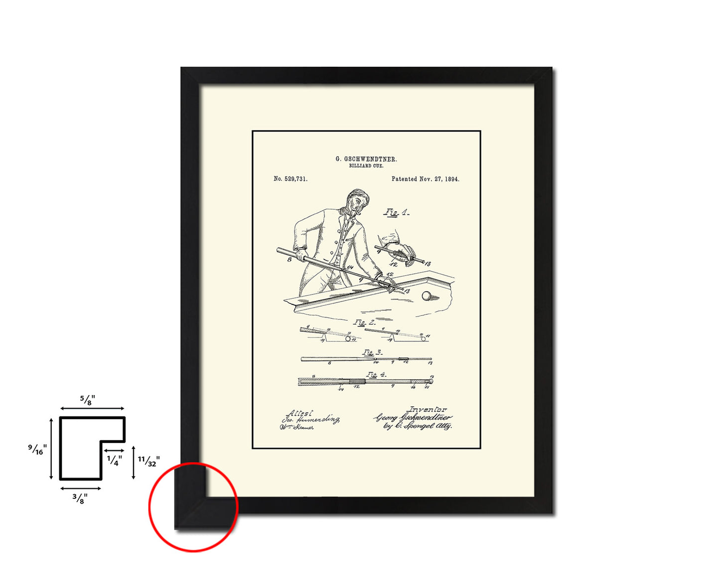 Billiard Cue Stick Playing Card Vintage Patent Artwork Black Frame Print Gifts