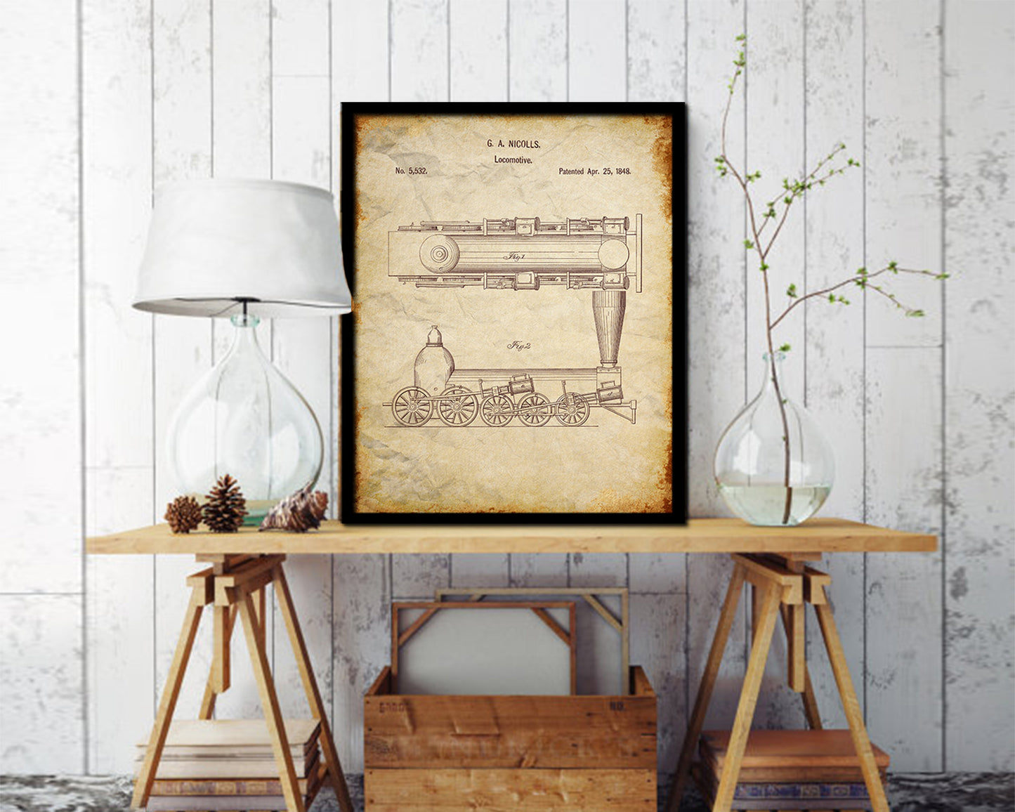 Locomtve Train Vintage Patent Artwork Walnut Frame Gifts