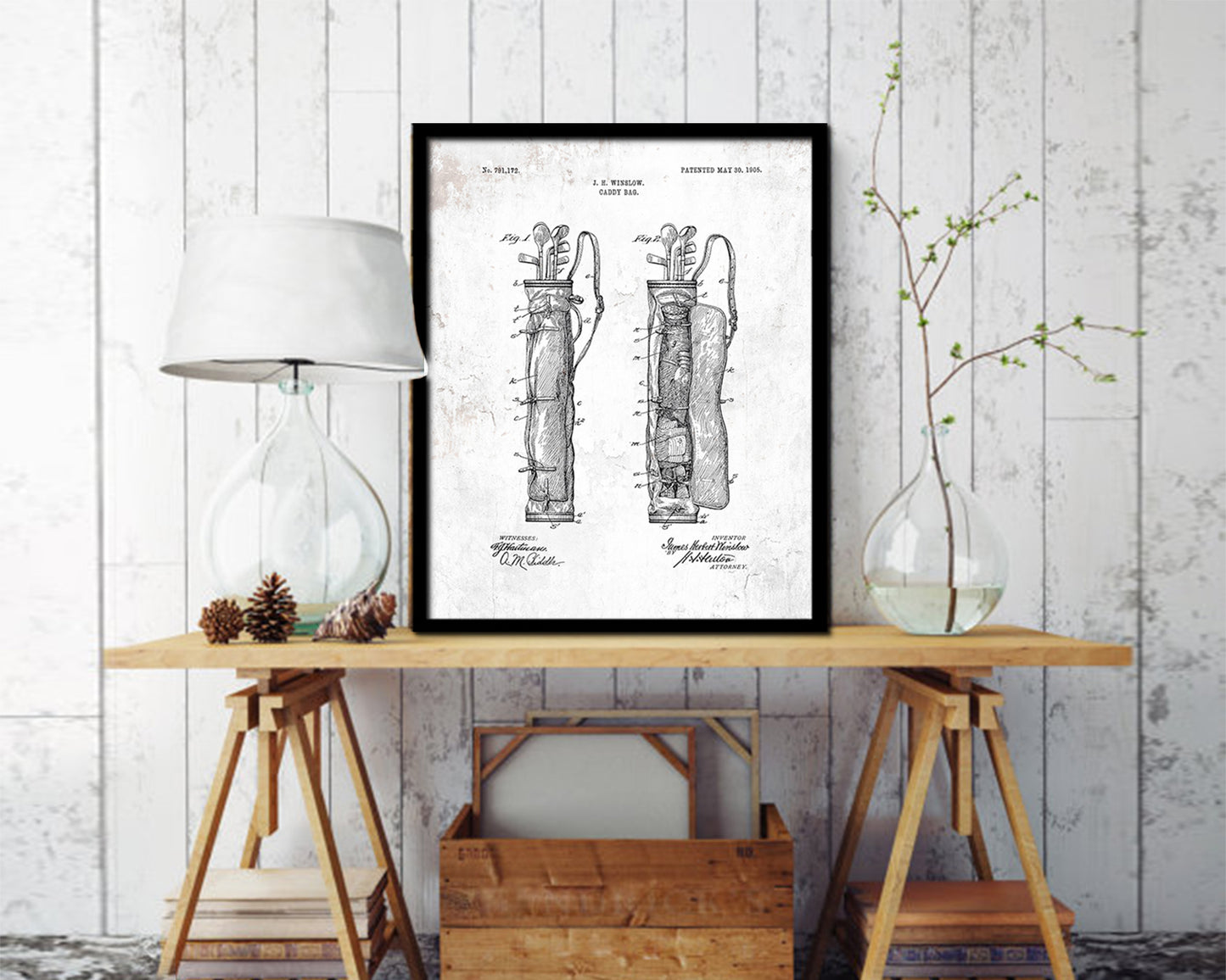 Golf Caddy Bag Sports Vintage Patent Artwork Black Frame Print Gifts