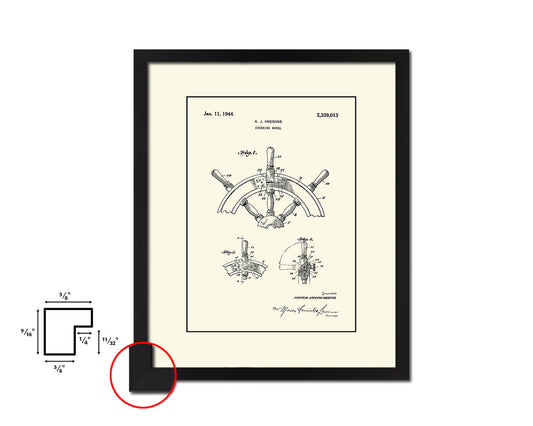 Steering Wheel Nautical Vintage Patent Artwork Black Frame Print Gifts