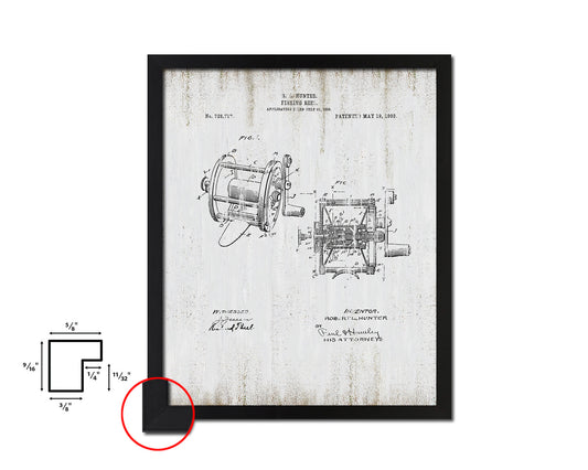 Reel Fishing Vintage Patent Artwork Black Frame Print Wall Art Decor Gifts