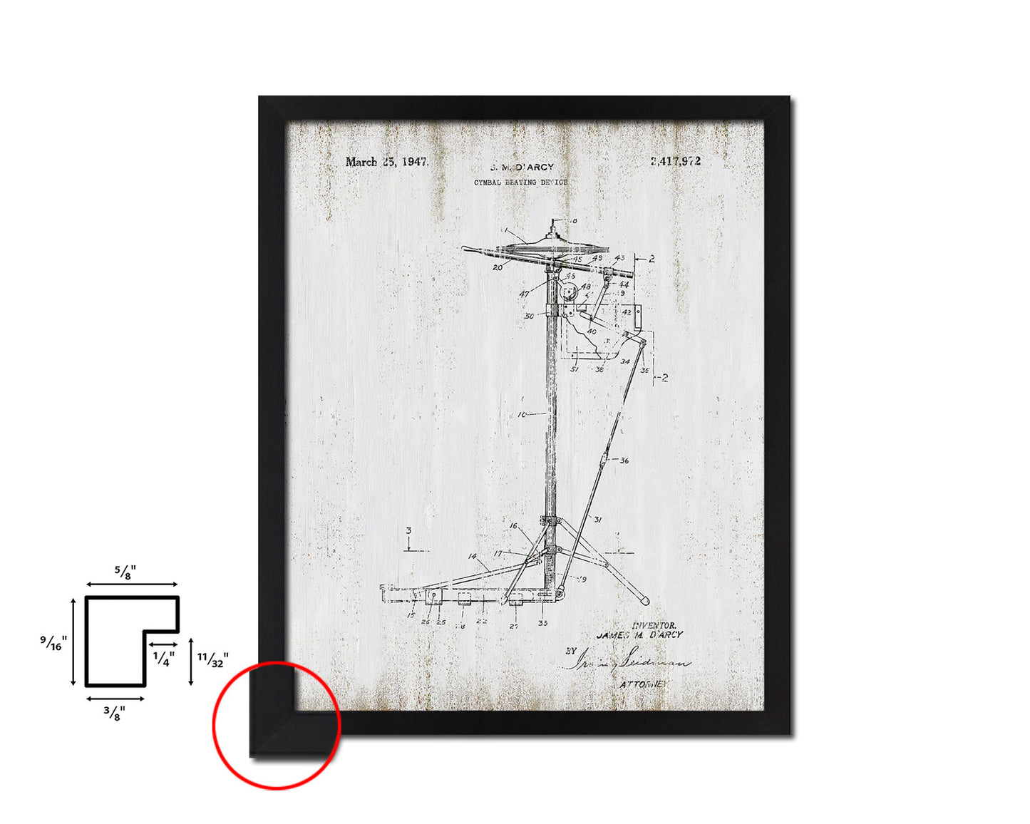 Cymbal Beating Device 1947 Music Vintage Patent Artwork Black Frame Gifts