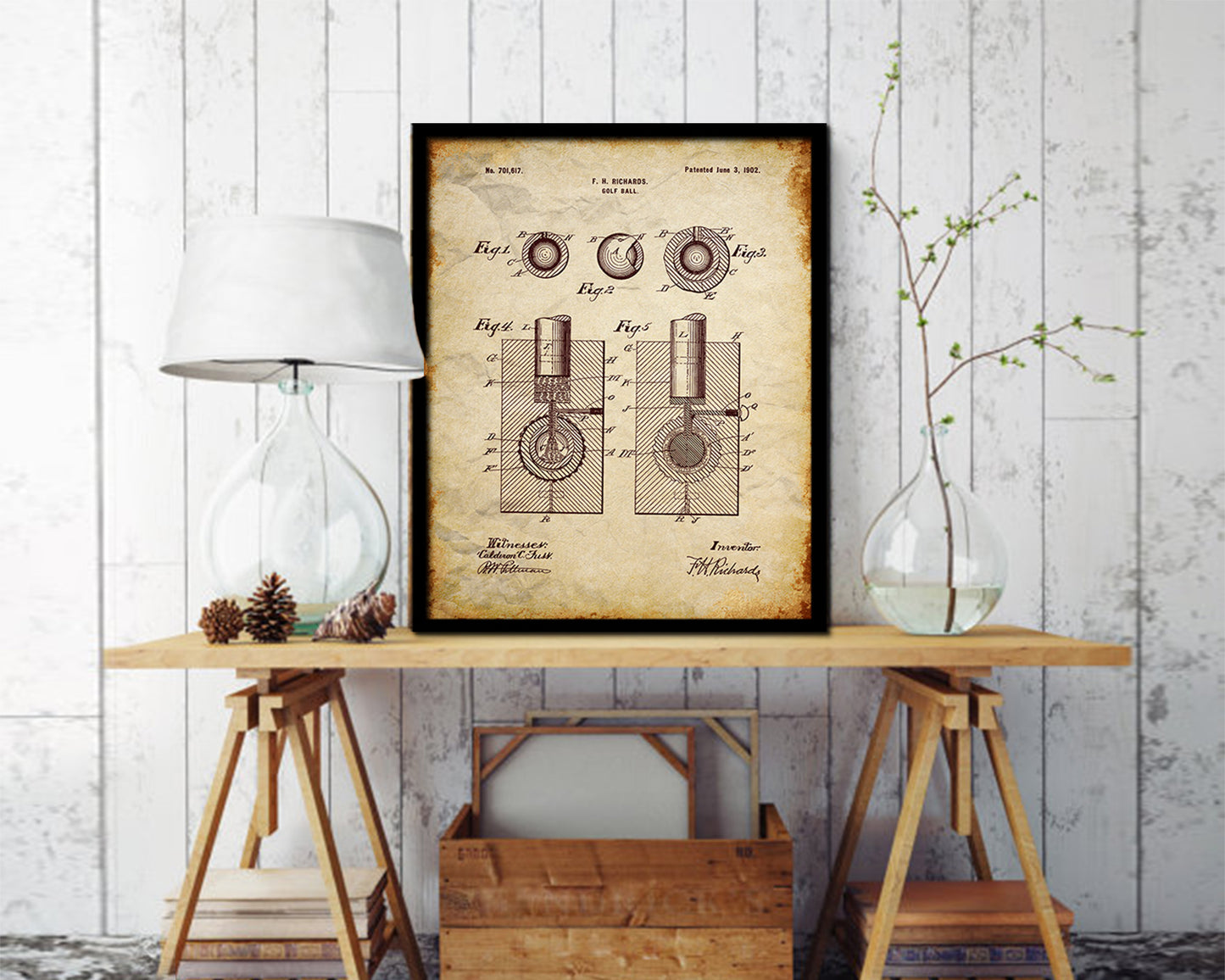 Golf Ball Sports Vintage Patent Artwork Walnut Frame Gifts