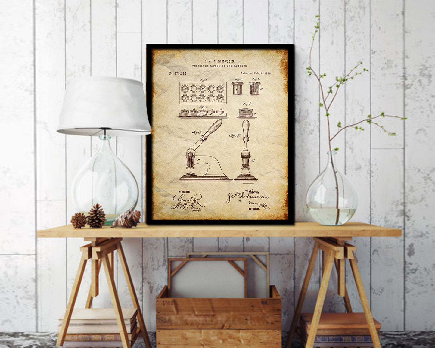 Capsuling Medicines Pharmacist Vintage Patent Artwork Walnut Frame Gifts