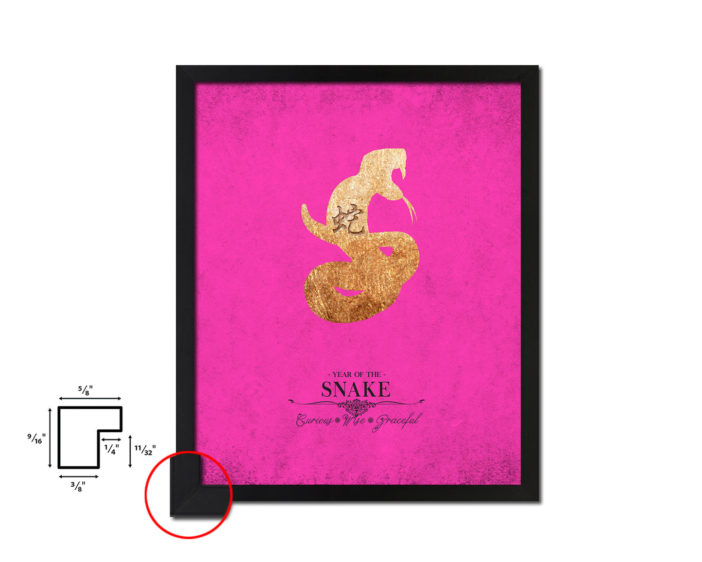 Snake Chinese Zodiac Character Black Framed Art Paper Print Wall Art Decor Gifts, Pink