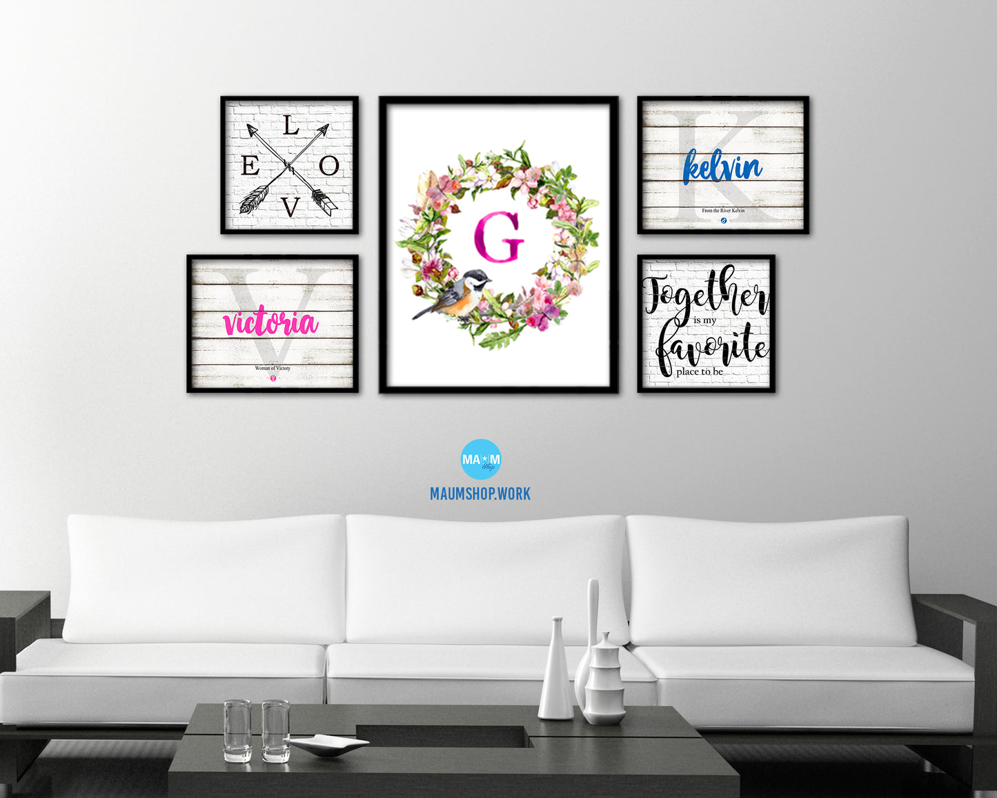 Letter G Floral Wreath Monogram Framed Print Wall Art Decor Gifts