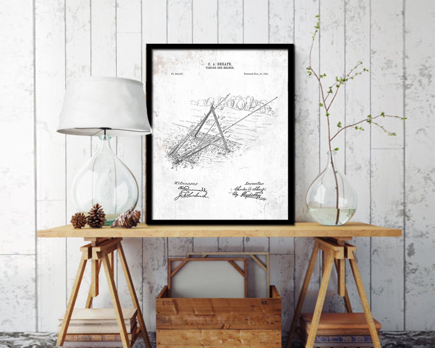 Rod Holder Fishing Vintage Patent Artwork Black Frame Print Wall Art Decor Gifts