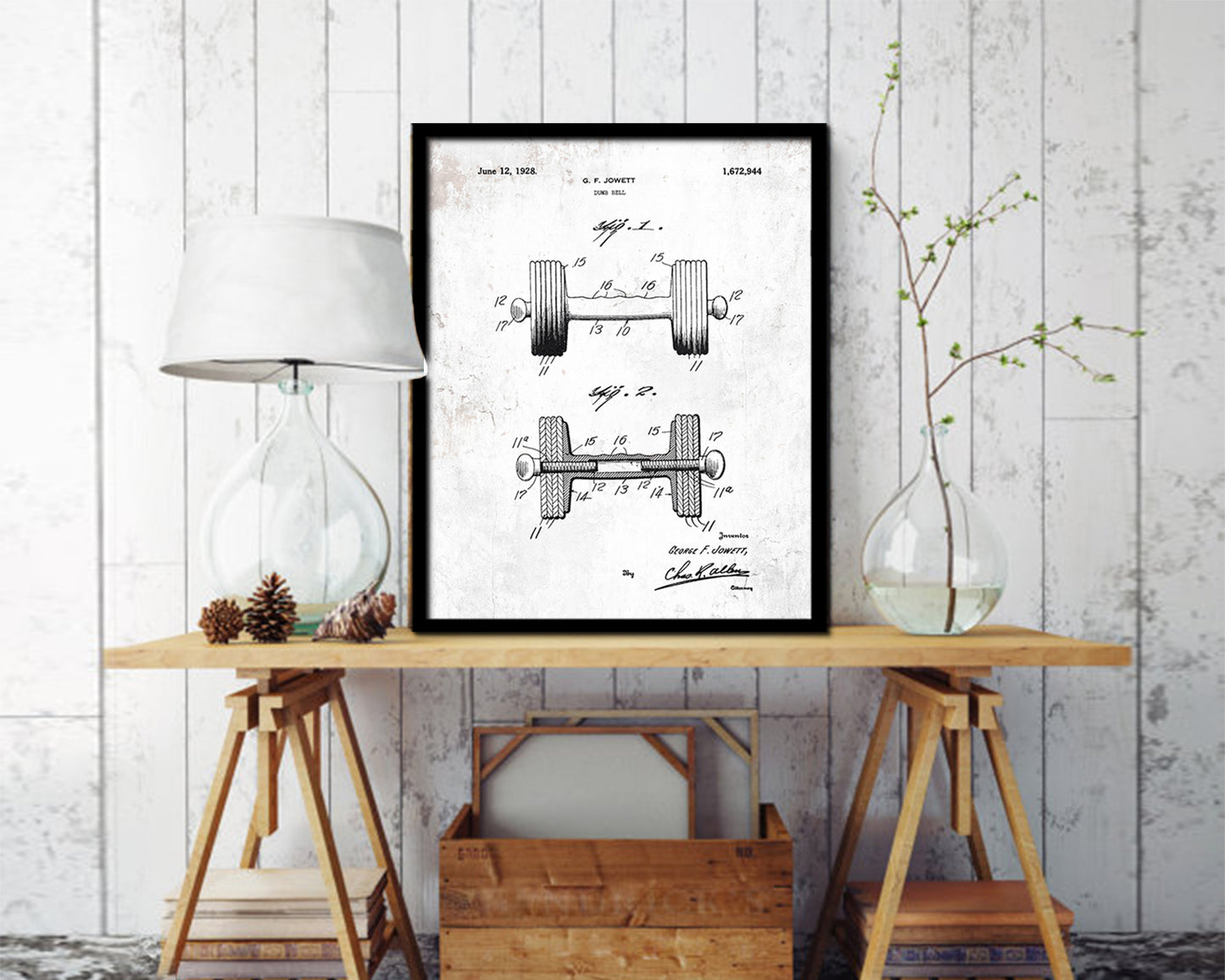 Exercise Dumbbell Sports Vintage Patent Artwork Black Frame Print Gifts