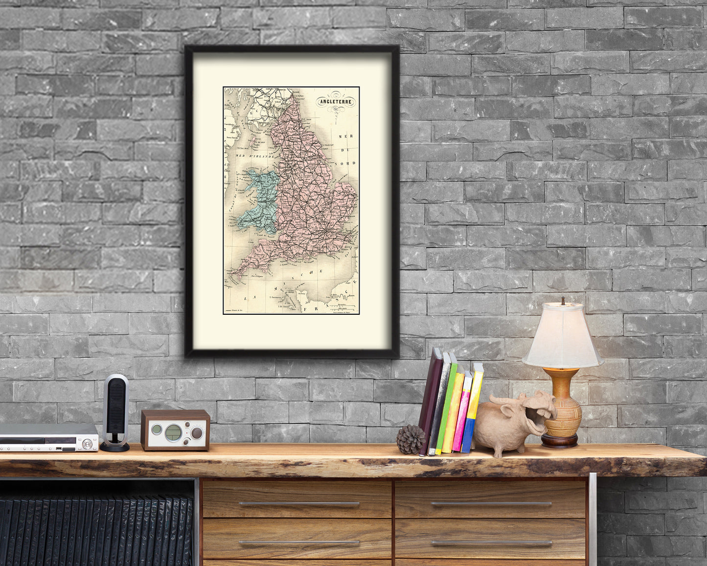 England and Wales Britain Old Map Wood Framed Print Art Wall Decor Gifts