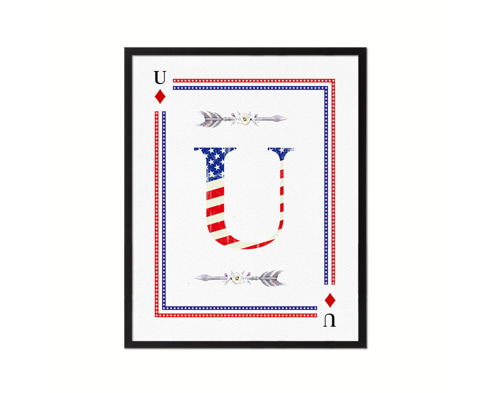 Letter U Custom Monogram Decks Diamond American Flag Framed Print Wall Art Decor Gifts