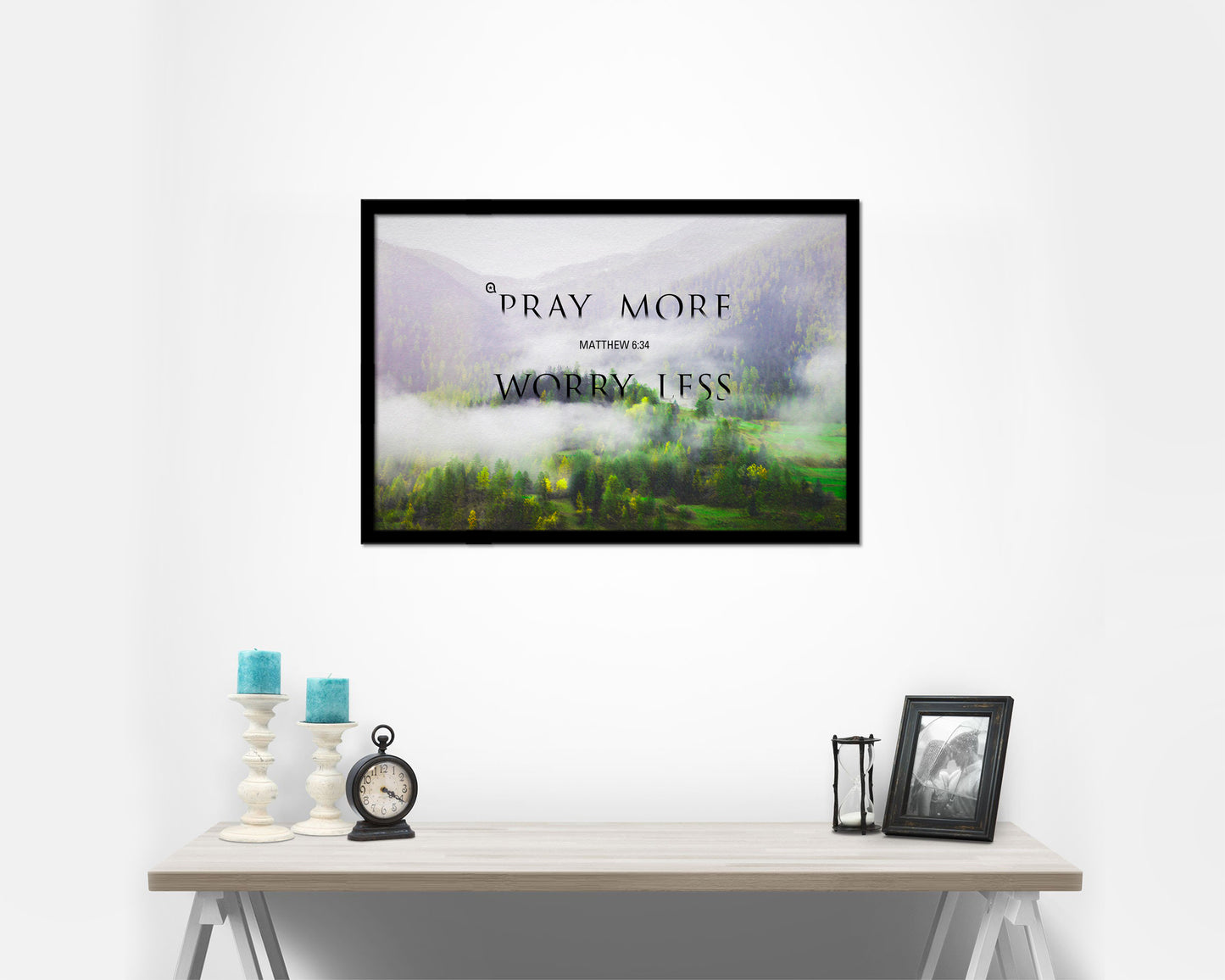 Pray more Worry less, Matthew 6:34 Bible Verse Scripture Framed Print Wall Decor Art Gifts