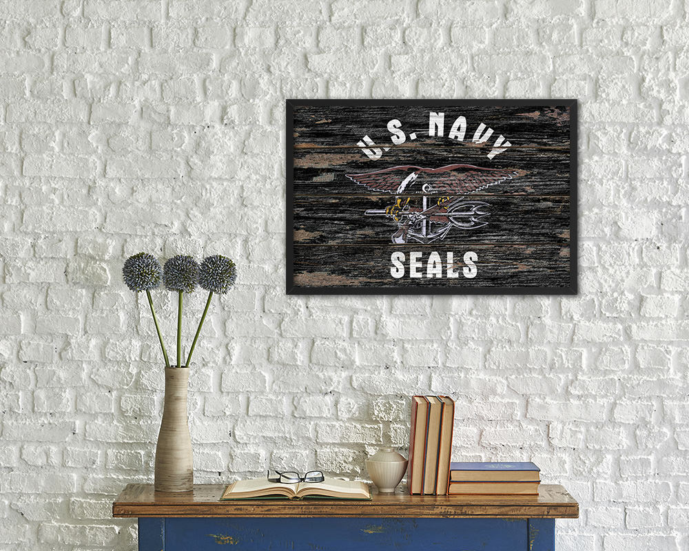 US Navy Seals Wood Rustic Flag Wood Framed Print Wall Art Decor Gifts