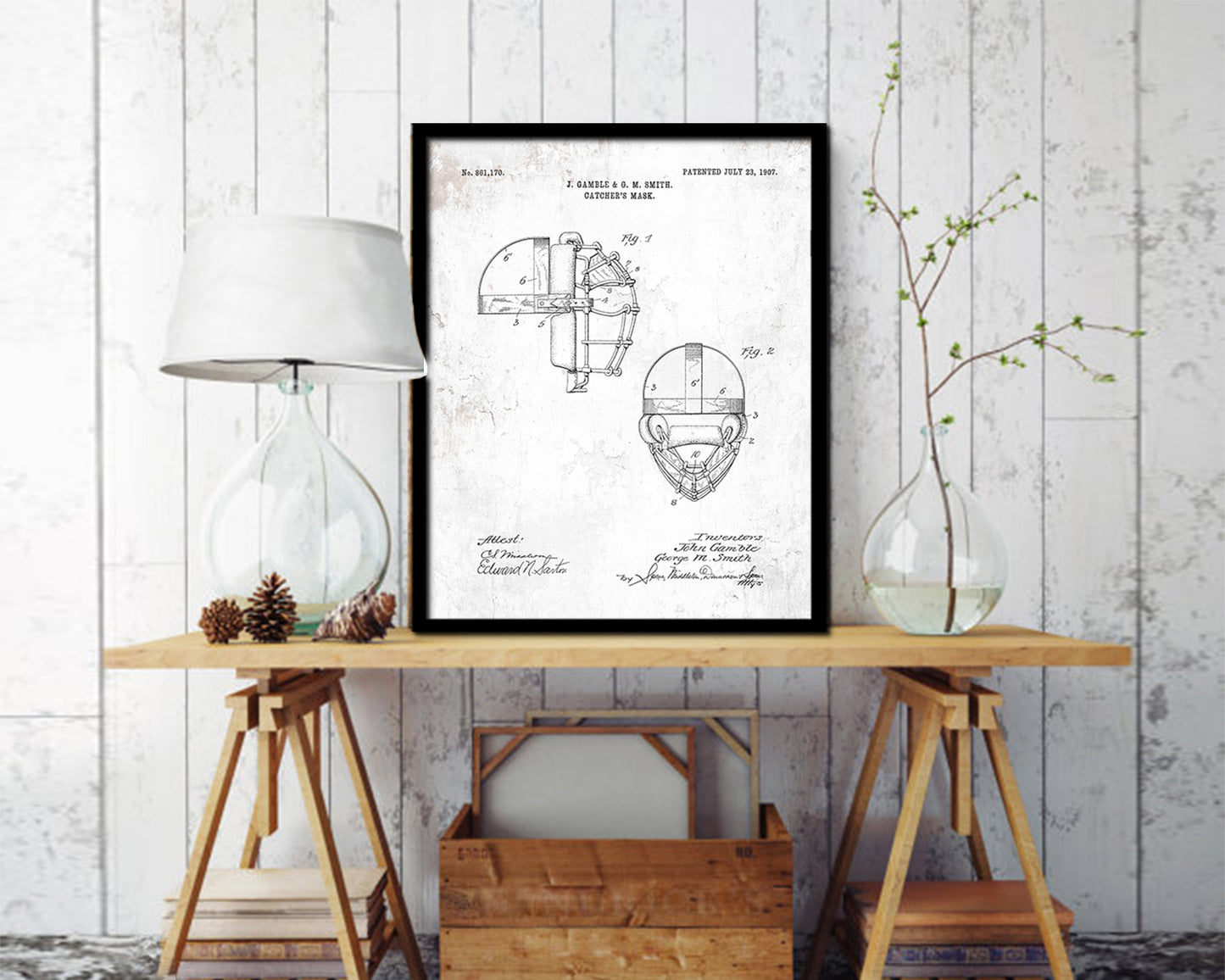 Baseball Catcher's Mask Sports Vintage Patent Artwork Black Frame Print Gifts