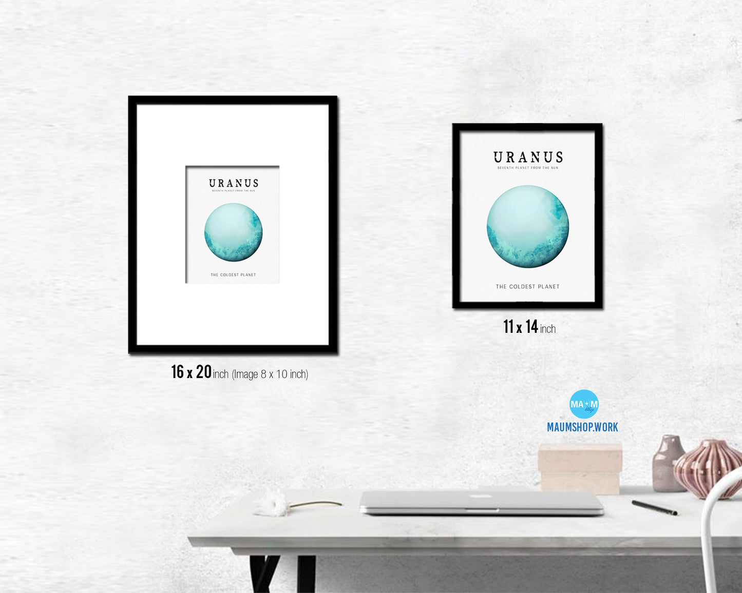 Uranus Planet Prints Watercolor Solar System Wood Framed Paper Print Wall Art Decor Gifts