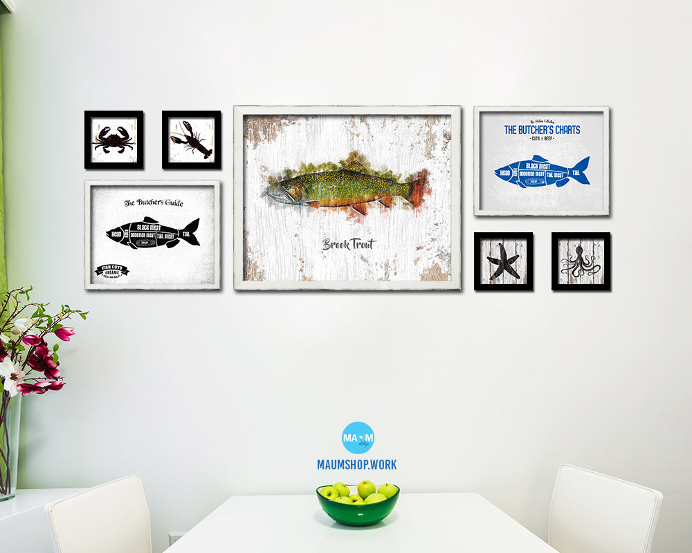 Brook Trout Fish Framed Prints Modern Restaurant Sushi Bar Watercolor Wall Art Decor