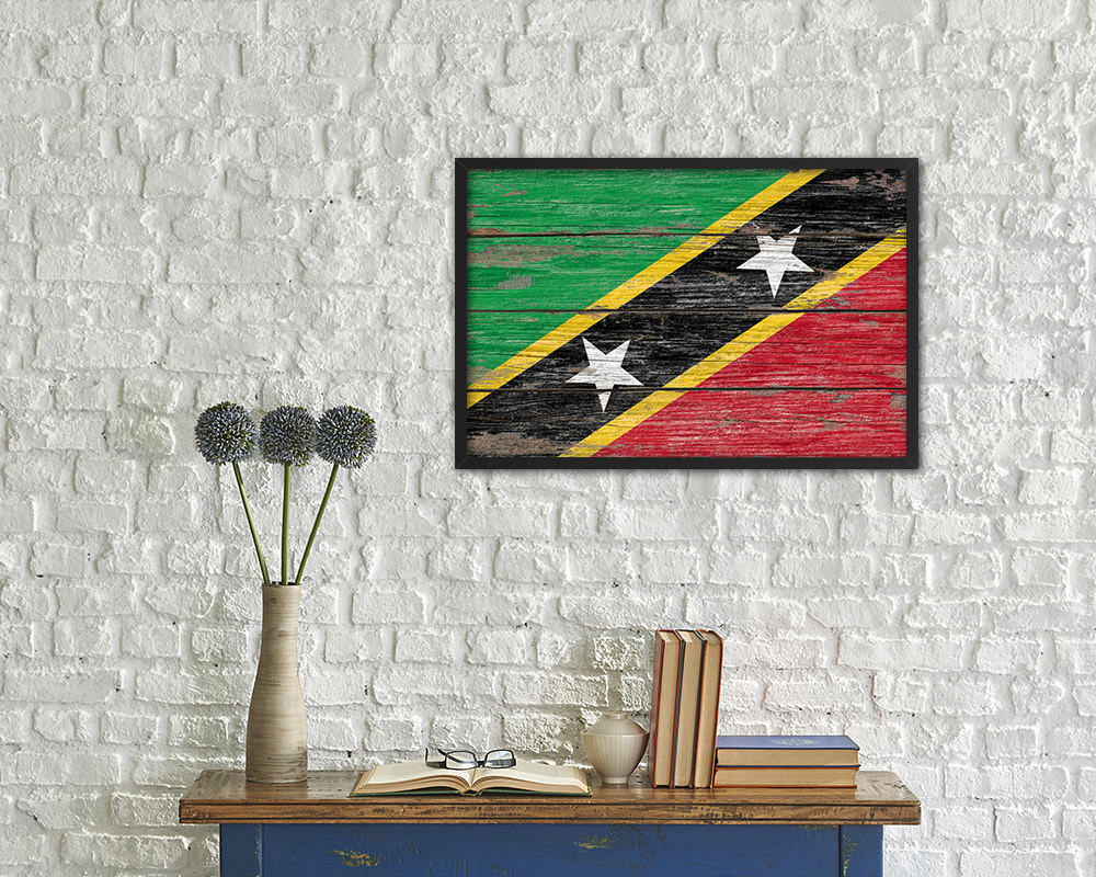 Saint Kitts and Nevis Country Wood Rustic National Flag Wood Framed Print Wall Art Decor Gifts