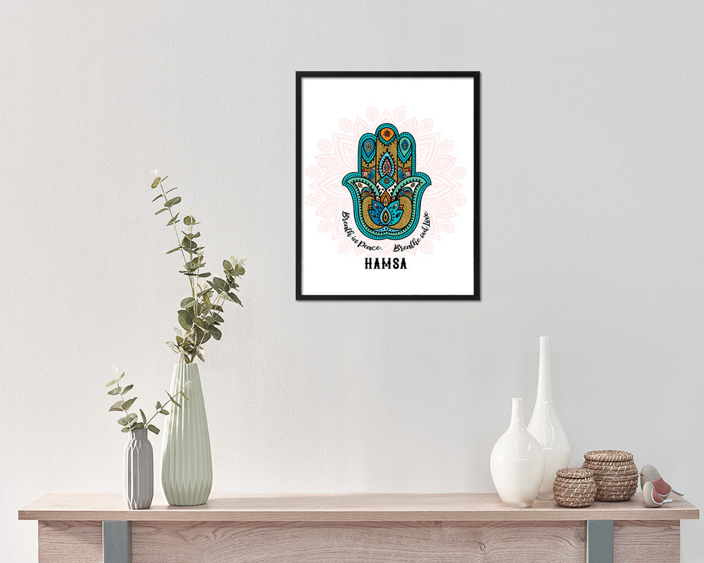 Breath in peace, Breathe out love Hamsa Yoga Wood Framed Print Wall Decor Art Gifts