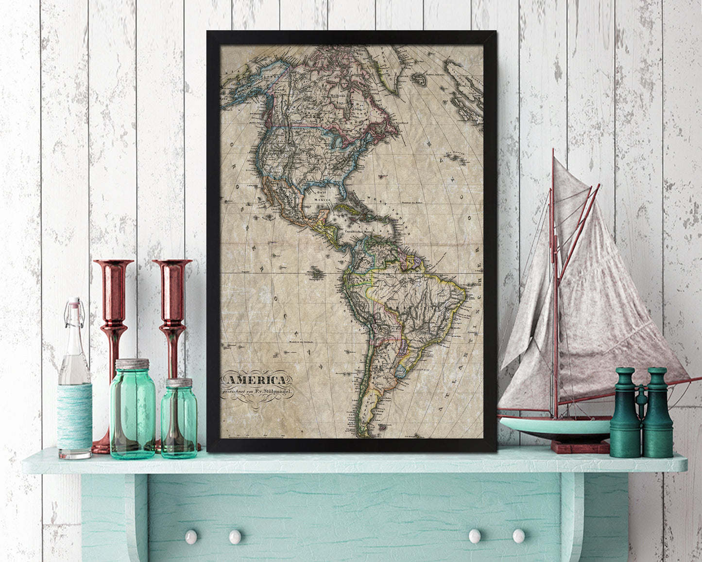 North and South America Historical Map Wood Framed Print Art Wall Decor Gifts