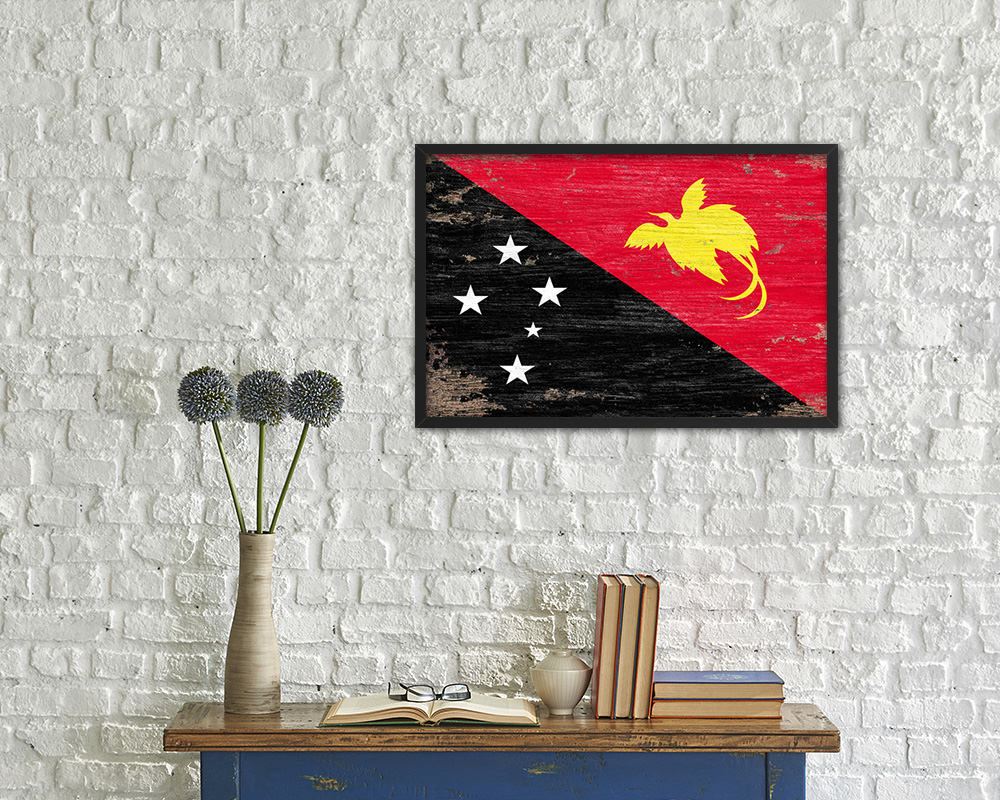 Papua New Guinea Shabby Chic Country Flag Wood Framed Print Wall Art Decor Gifts