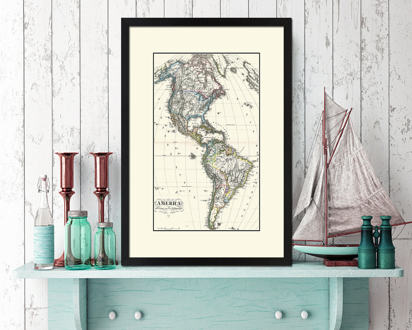 North and South America Old Map Wood Framed Print Art Wall Decor Gifts