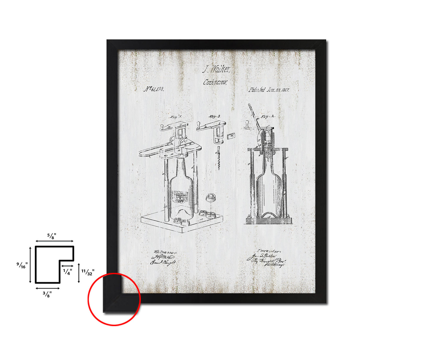 Corkscrew Wine Vintage Patent Artwork Black Frame Print Gifts