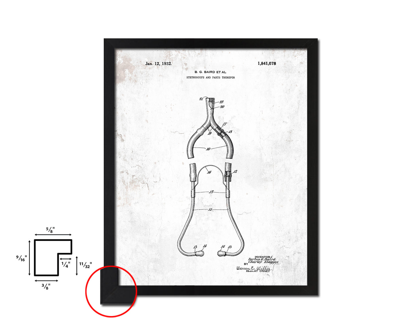 Tools Baird Stethoscope and Parts Doctor Vintage Patent Artwork Black Frame Print Gifts