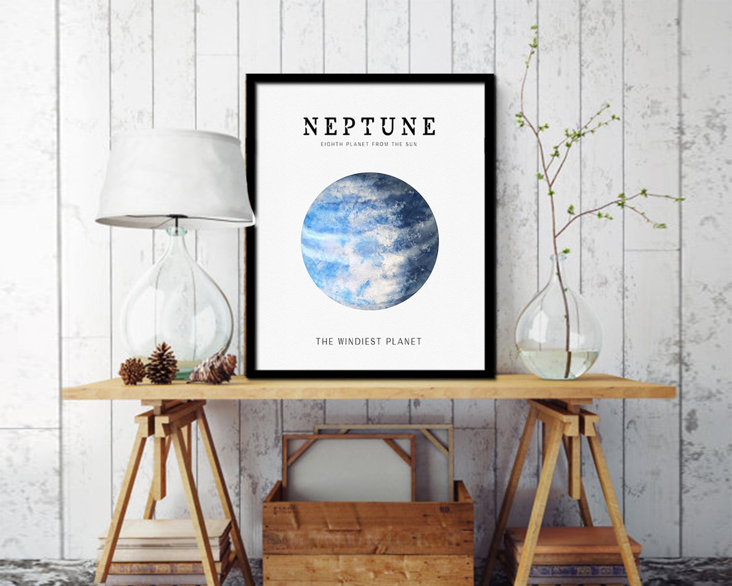 Neptune Planet Prints Watercolor Solar System Wood Framed Paper Print Wall Art Decor Gifts