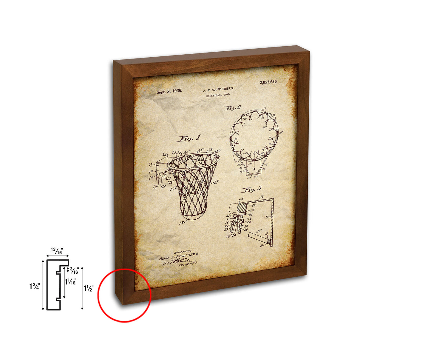 Basketball Goal Hoop and Net Sports Vintage Patent Artwork Walnut Frame Gifts