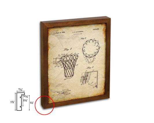 Basketball Goal Hoop and Net Sports Vintage Patent Artwork Walnut Frame Gifts