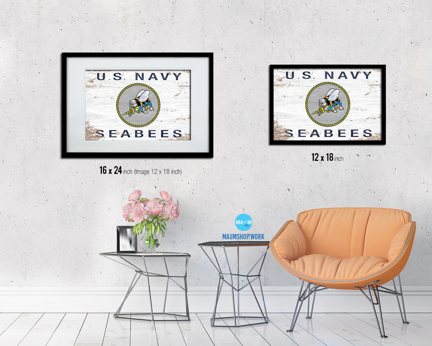 US Navy Seabees Shabby Chic Military Flag Framed Print Decor Wall Art Gifts