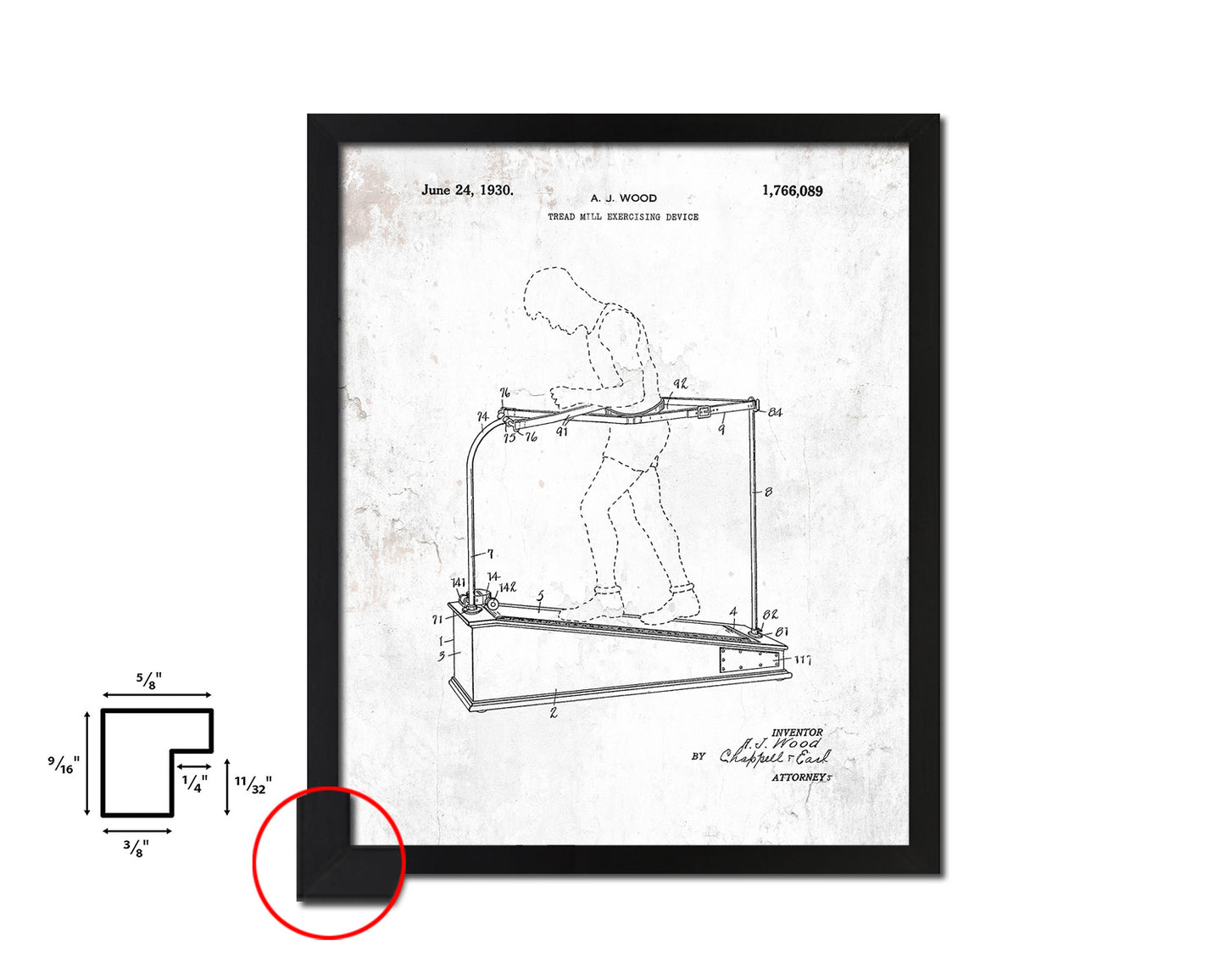 Exercise Treadmill Sports Vintage Patent Artwork Black Frame Print Gifts