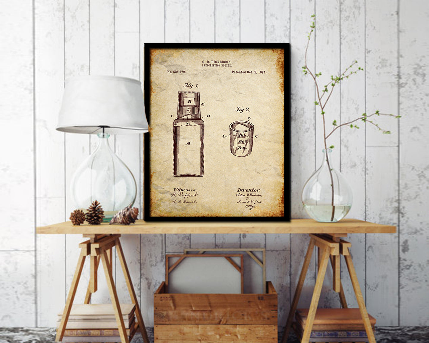 Prescription Bottle Pharmacist Vintage Patent Artwork Walnut Frame Gifts