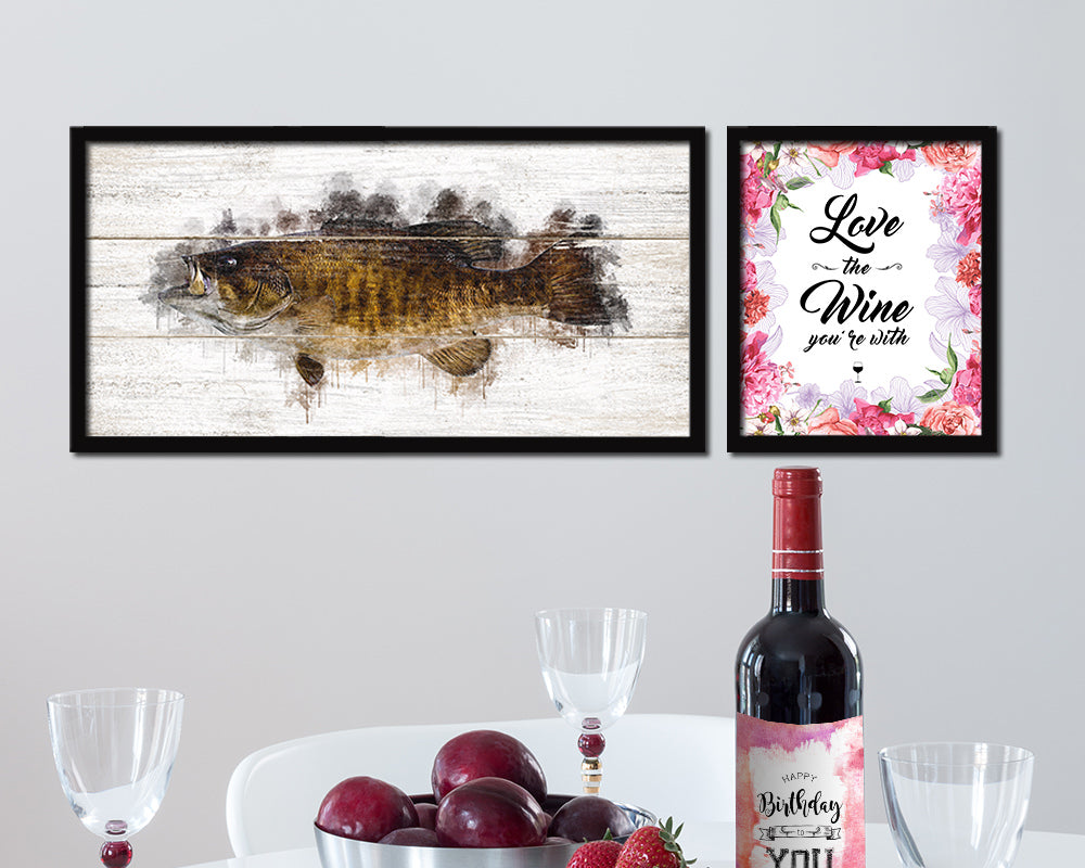 Smallmouth Bass Fish Art White Wash Wood Frame Home Decor Wall Prints 
