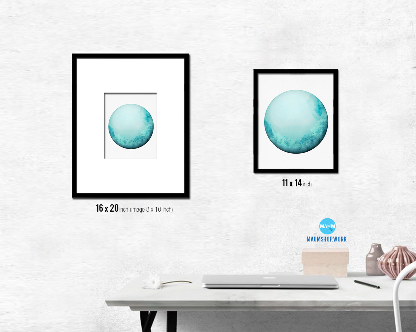 Uranus Planet Prints Watercolor Solar System Wood Framed Paper Print Wall Art Decor Gifts