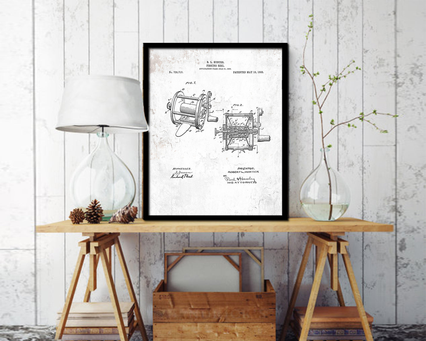 Reel Fishing Vintage Patent Artwork Black Frame Print Wall Art Decor Gifts