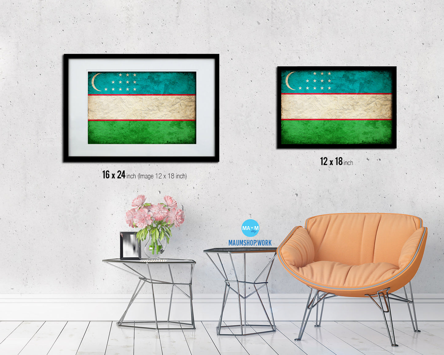 Uzbekistan Country Vintage Flag Wood Framed Print Wall Art Decor Gifts