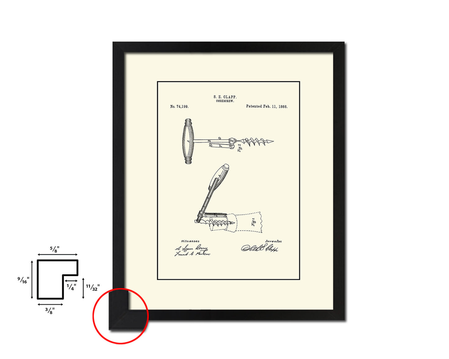 Corkscrew Wine Vintage Patent Artwork Black Frame Print Gifts