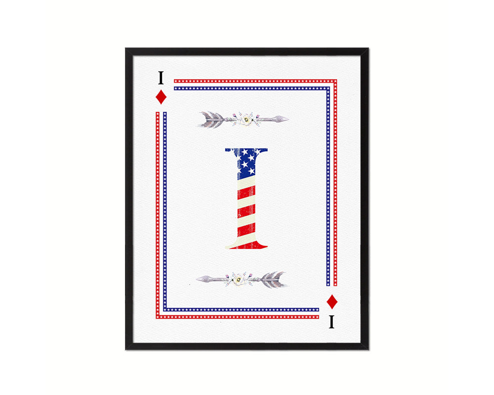 Letter I Custom Monogram Decks Diamond American Flag Framed Print Wall Art Decor Gifts