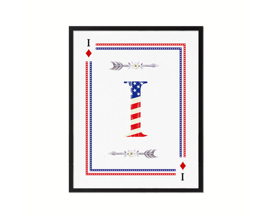 Letter I Custom Monogram Decks Diamond American Flag Framed Print Wall Art Decor Gifts