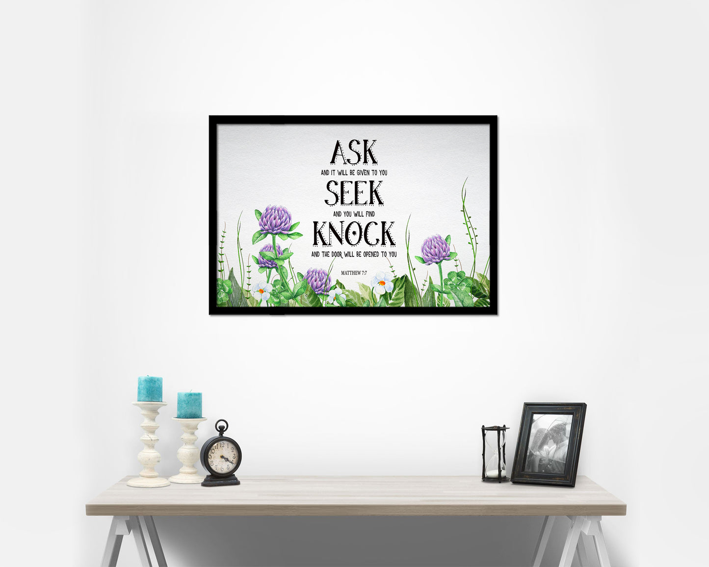 Ask, Seek and Knock You Shall Find, Matthew 7:7 Bible Verse Scripture Framed Print Art