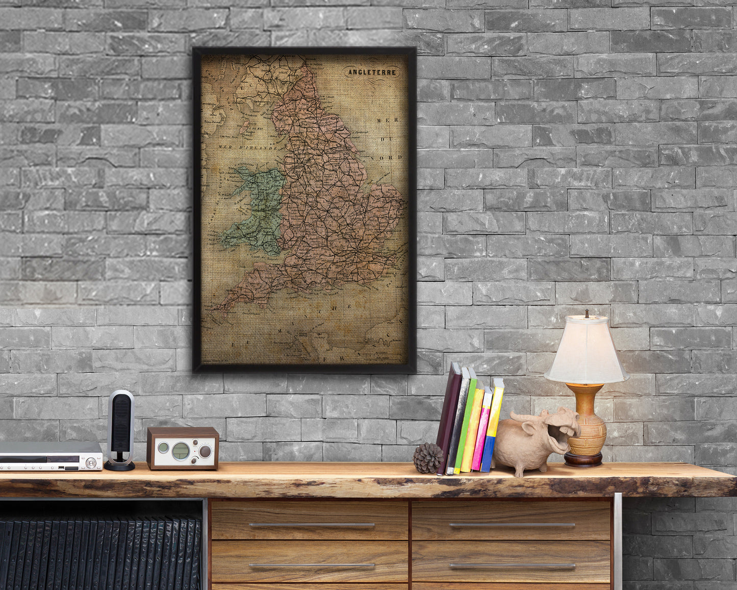 England and Wales Britain Vintage Map Wood Framed Print Art Wall Decor Gifts