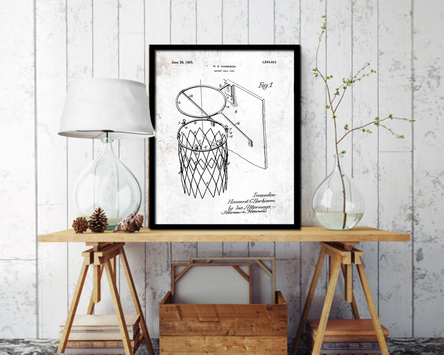 Basketball Goal Hoop and Net Sports Vintage Patent Artwork Black Frame Print Gifts