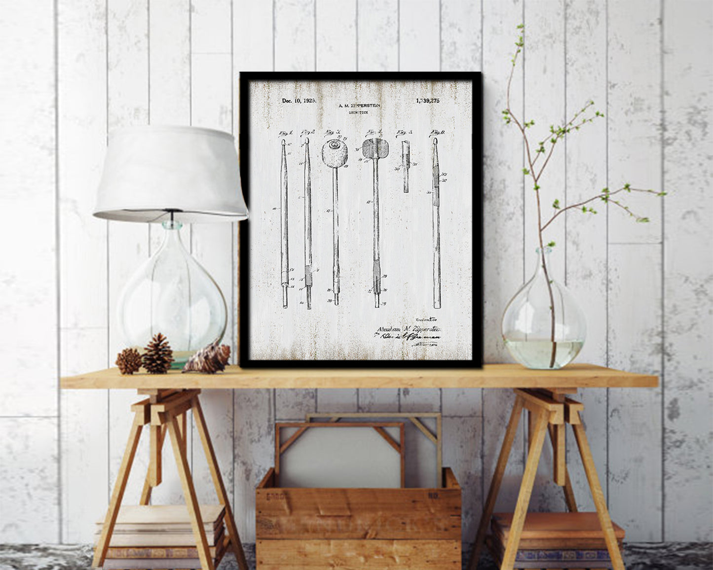 Drumstick Music Vintage Patent Artwork Black Frame Print Wall Art Decor Gifts