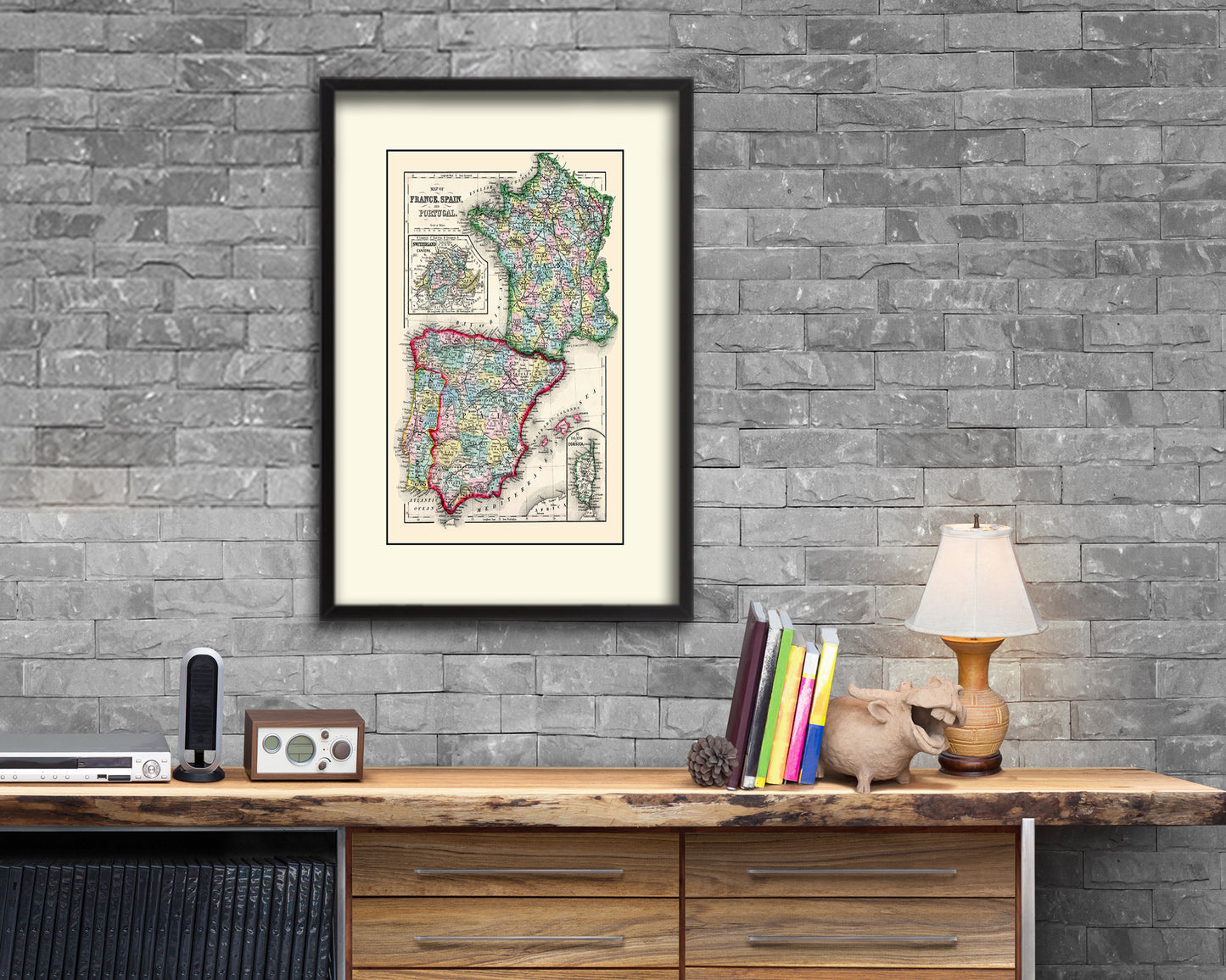 Spain Portugal and France Old Map Wood Framed Print Art Wall Decor Gifts