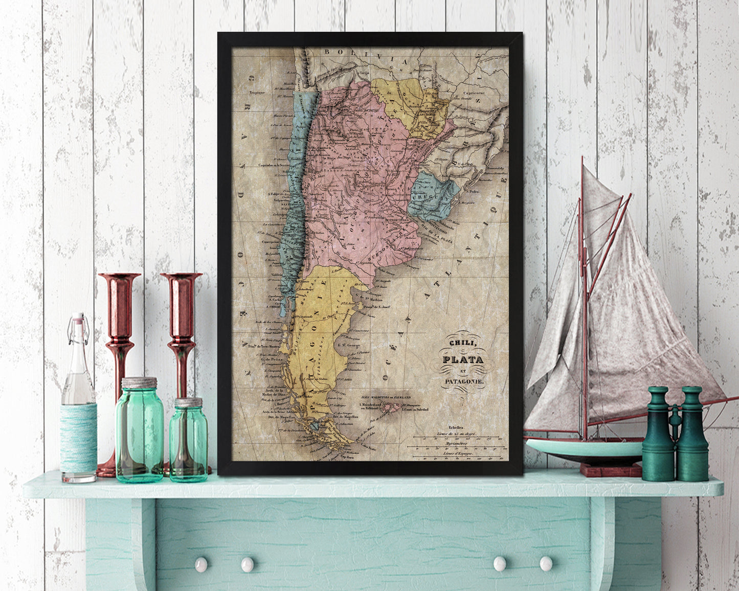 Argentina Chile Patagonia Historical Map Wood Framed Print Art Wall Decor Gifts